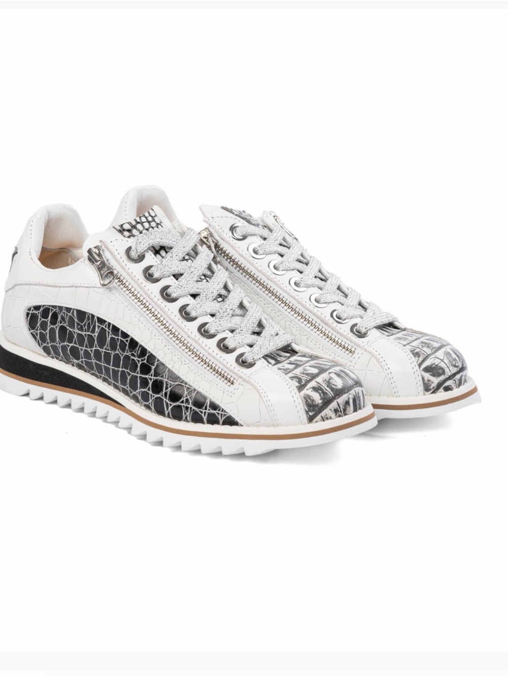 Diva White Sneakers with Black Croc-Print Panels